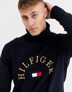 Темно-синий джемпер с высоким воротником и вышитым логотипом Tommy Hilfiger