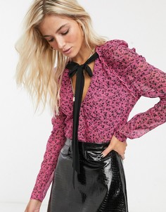 Розовая блузка с принтом и бантом Topshop-Розовый