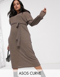 Меланжевое oversized-платье миди в рубчик с поясом ASOS DESIGN Curve-Желтый