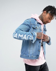 Джинсовая куртка с рваной отделкой и принтом на рукавах Criminal Damage-Синий