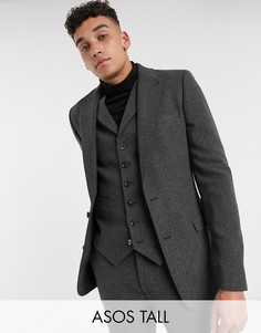 Темно-серый супероблегающий пиджак с добавлением шерсти в \"елочку\" ASOS DESIGN Tall