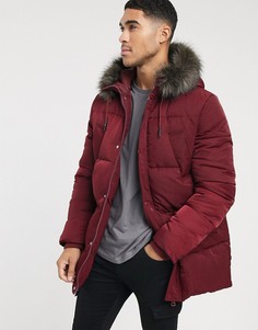 Бордовая дутая парка с искусственным мехом на капюшоне ASOS DESIGN-Красный