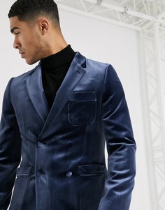 Темно-синий двубортный пиджак скинни из бархата ASOS DESIGN