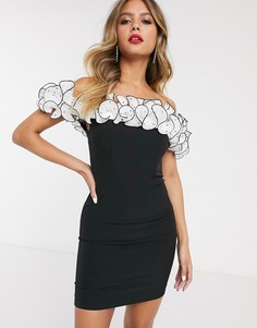 Черное платье мини с открытыми плечами и оборками Bardot-Черный