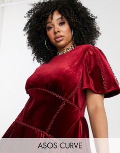 Бархатное платье мини с плиссировкой ASOS DESIGN Curve-Красный