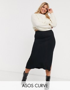 Трикотажная облегающая юбка миди с разрезом ASOS DESIGN Curve-Черный