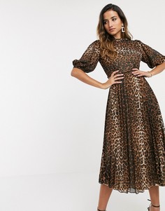 Платье миди с пышными рукавами и леопардовым принтом ASOS DESIGN-Мульти
