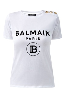 Белая футболка с черным логотипом Balmain