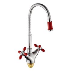 Смеситель для кухни (мойки) Potato P5860-xx двухрычажный хром хром/красный