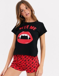Пижамный комплект с шортами с принтом \"bite me\" в стиле Хэллоуина Brave Soul-Черный