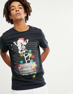 Футболка в новогоднем стиле с принтом жирафа Jack & Jones Originals-Черный