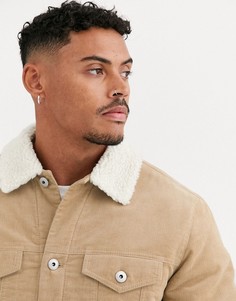 Бежевая вельветовая куртка с искусственным мехом Bershka-Бежевый