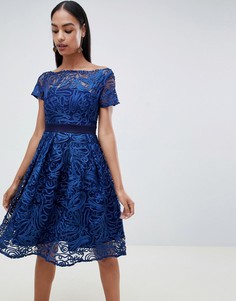 Кружевное приталенное платье с короткими рукавами Vesper-Темно-синий