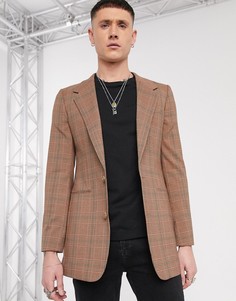 Коричневый длинный приталенный пиджак в клетку ASOS DESIGN-Серый