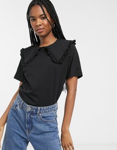 Черная футболка с большим воротником Monki-Черный