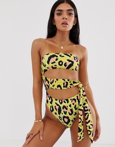 Слитный купальник-бандо с завязкой сбоку и леопардовым принтом River Island-Зеленый