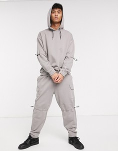 Худи oversized серого цвета от комплекта со сборками на рукавах и карманами карго ASOS DESIGN-Серый