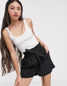 Шорты с добавлением льна, присборенной талией и поясом ASOS DESIGN-Черный