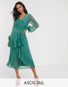 Платье миди с запахом и двухслойной юбкой ASOS DESIGN Tall-Зеленый
