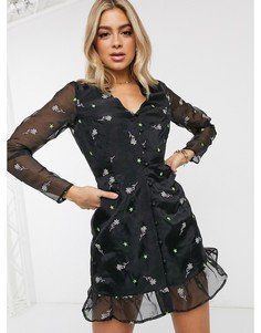 Платье мини из органзы на пуговицах с вышивкой ASOS DESIGN-Черный