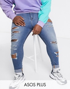 Синие стретчевые джинсы с рваной отделкой и напылением ASOS DESIGN Plus-Синий