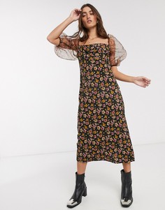 Платье миди с цветочным принтом и рукавами из органзы Topshop-Мульти