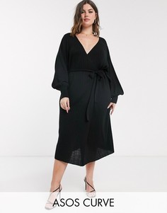 Трикотажное платье с запахом и объемными рукавами ASOS DEISGN Curve-Черный