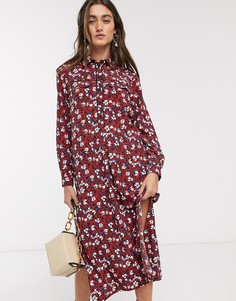 Бордовое платье-рубашка миди с принтом Topshop-Красный