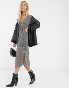 Монохромное платье миди с цветочным принтом и оборками Topshop-Черный