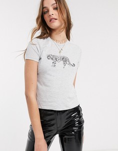 Светло-серая футболка с леопардовым принтом Topshop-Белый