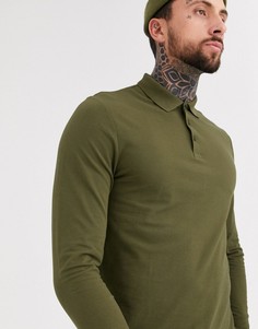 Поло цвета хаки из органического хлопка с длинными рукавами ASOS DESIGN-Зеленый