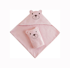 Набор для купания "Мишка", розовая махра (полотенце-уголок и рукавичка) Наша Мама