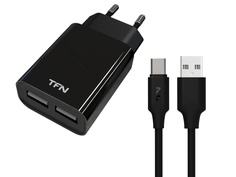 Зарядное устройство TFN 2xUSB + Type-C 2.4A Black TFN-WC2U24AUSBCBK