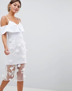 Платье-футляр миди с открытыми плечами и цветочной 3d-отделкой ASOS DESIGN-Белый