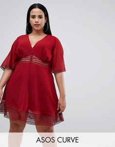 Чайное платье мини с кружевными вставками и пуговицами спереди ASOS DESIGN Curve-Красный