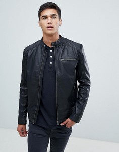 Кожаная байкерская куртка Selected Homme-Черный