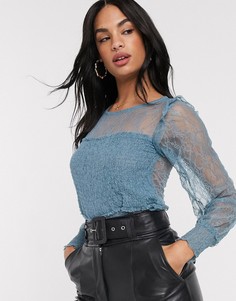 Синий кружевной топ со сборками и длинными рукавами River Island