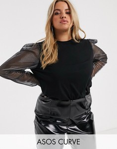 Черный топ с блестящими рукавами ASOS DESIGN Curve