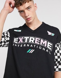 Oversize-футболка из органического хлопка с V-образным вырезом и принтом ASOS DESIGN-Черный