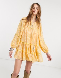 Платье мини с объемными рукавами Free People-Желтый