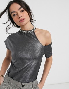 Черный асимметричный топ металлик с отделкой River Island