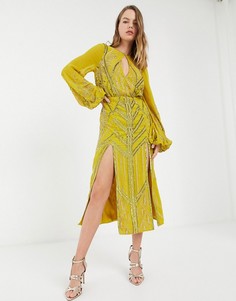 Декорированное платье миди с пышными рукавами на манжетах ASOS DESIGN-Желтый