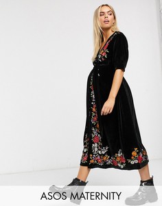Бархатное чайное платье миди с вышивкой ASOS DESIGN Maternity-Черный
