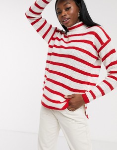 Красный трикотажный джемпер в полоску с высоким воротом Brave Soul-Белый