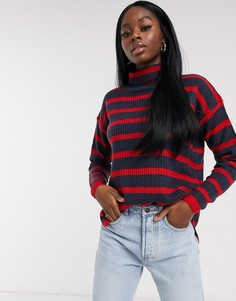 Красно-синий трикотажный джемпер в полоску с высоким воротом Brave Soul-Темно-синий