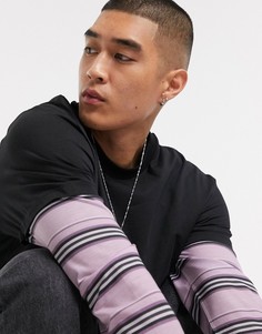 Свободный лонгслив с двухслойными рукавами в полоску ASOS DESIGN-Черный