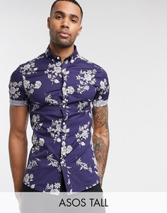 Темно-синяя приталенная рубашка с цветочным принтом ASOS DESIGN Tall-Темно-синий