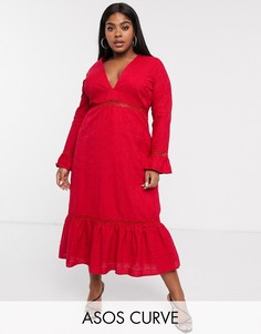 Платье макси с глубоким вырезом и рукавами клеш ASOS DESIGN Curve-Красный