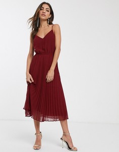 Плиссированное платье миди на бретельках со шнурком на талии ASOS DESIGN-Красный