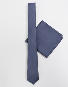 Темно-серый узкий галстук и платок для нагрудного кармана с узором в диагональный рубчик ASOS DESIGN